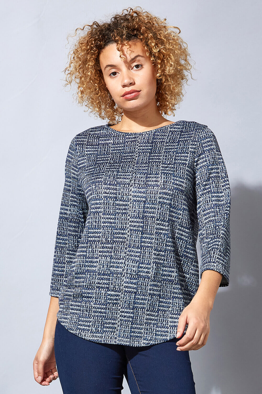 Contrast Check Print Jersey Knit Top
