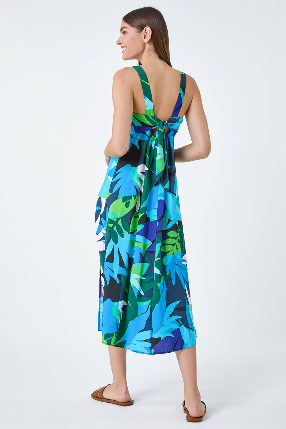 Blue Abstract Leaf Tie Back Midi Dress, Image 3 of 5