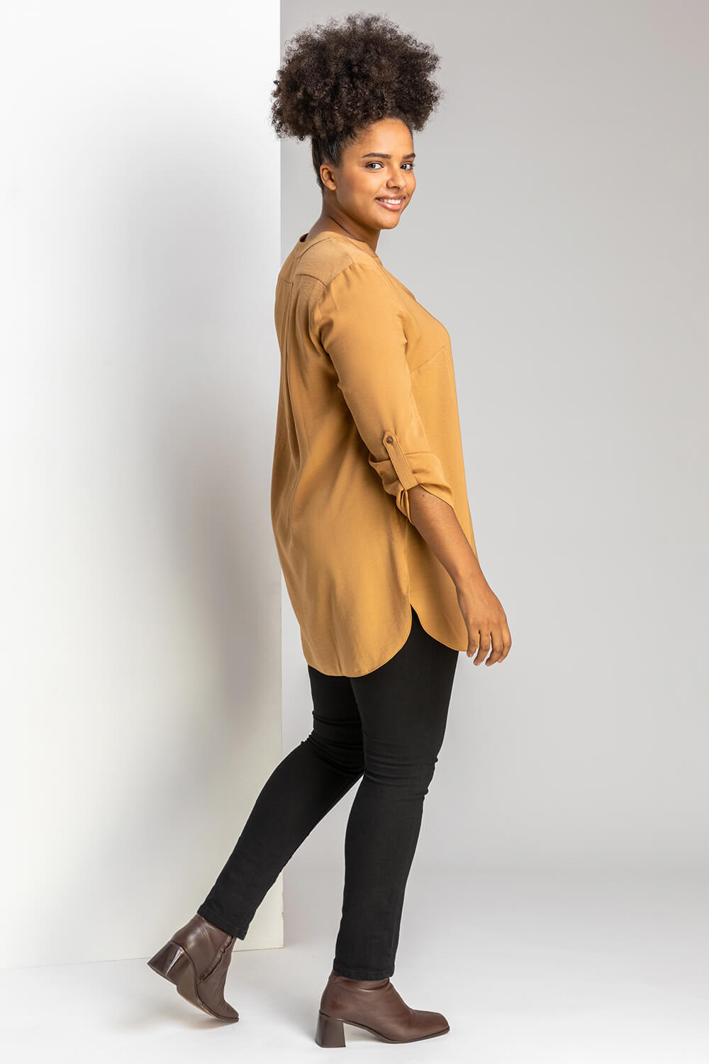 Camel  Curve Button Detail Tunic Top, Image 2 of 4