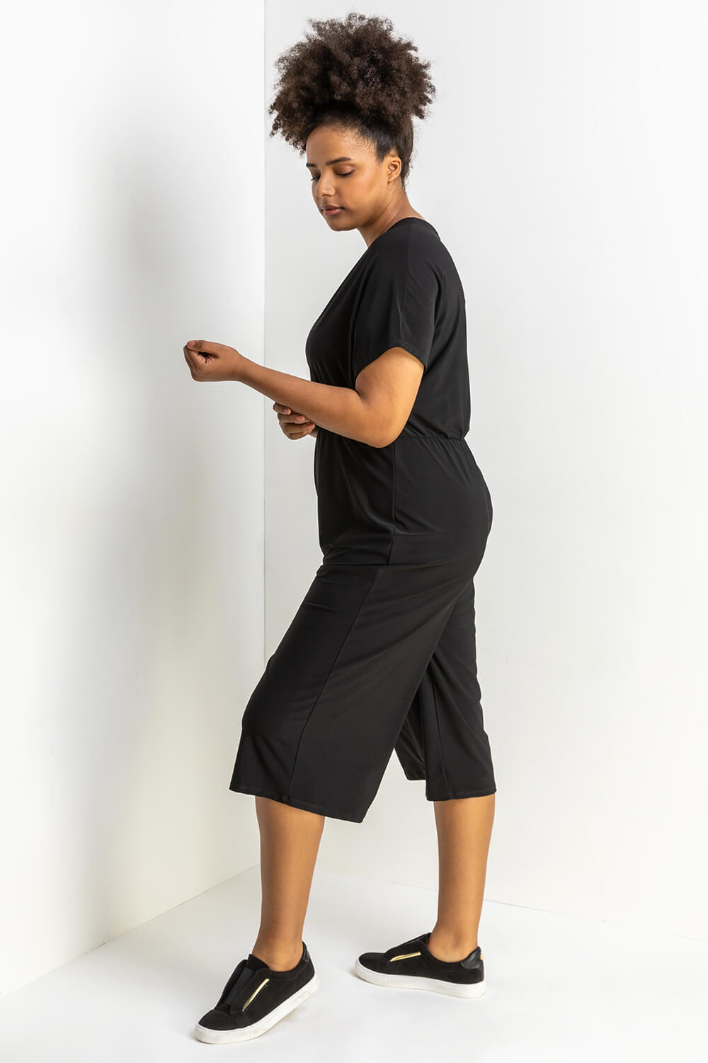 Black Curve Wrap Culotte Jumpsuit, Image 3 of 5