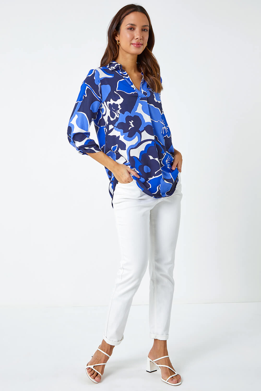 Royal Blue Floral Print Pleat Front Top, Image 3 of 6