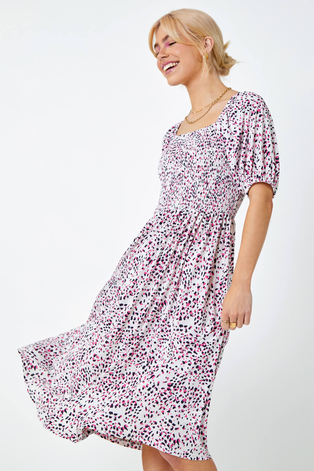 Pink Ditsy Spot Print Shirred Dress | Roman UK