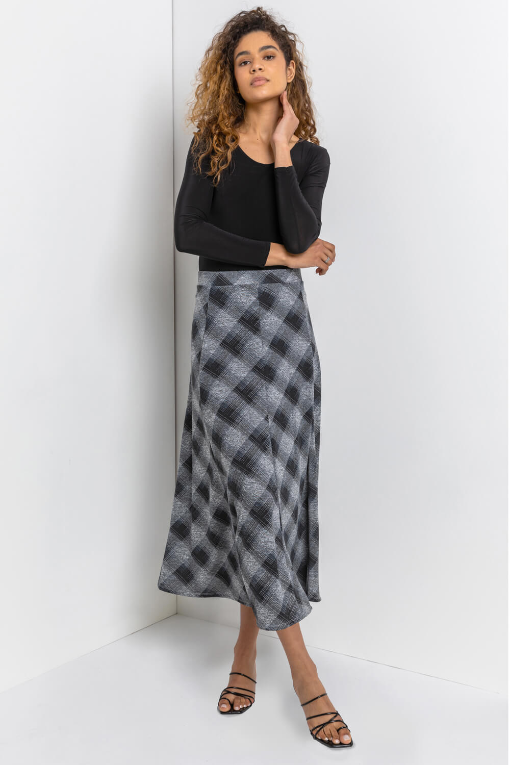 Grey Check Print Flared Midi Skirt, Image 3 of 5