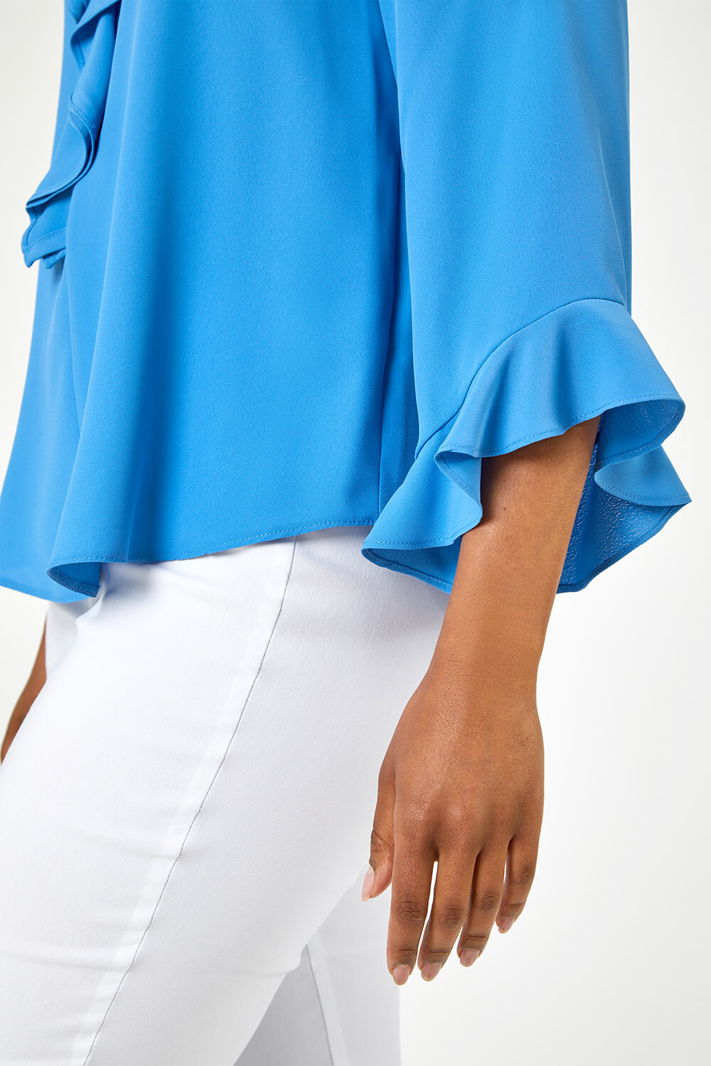 Blue Petite Flared Sleeve Frill Detail Blouse, Image 5 of 5