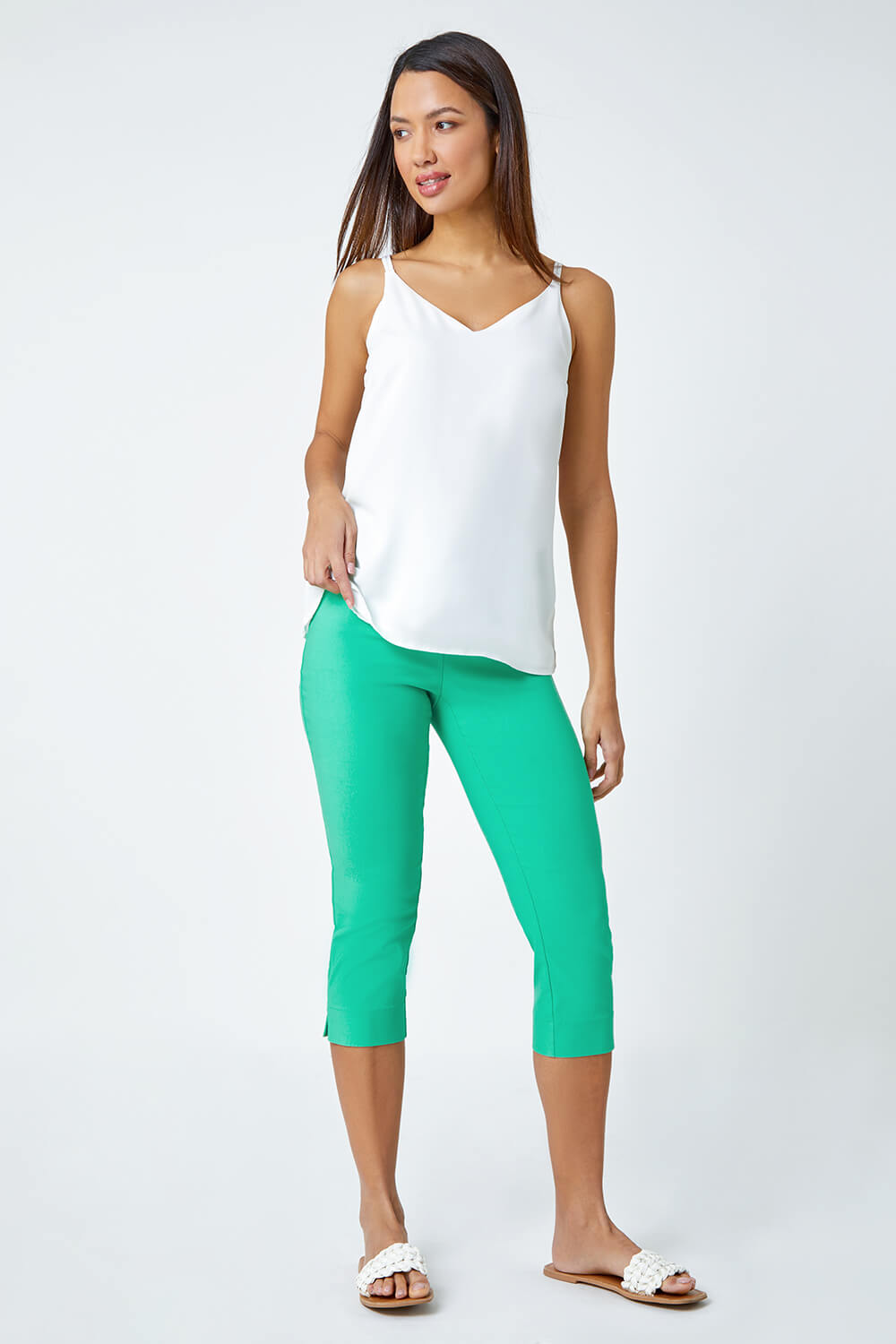Pale Green Cropped Stretch Trousers, Image 2 of 5