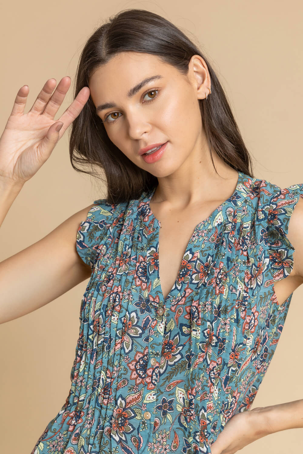 Teal Sleeveless Frill Detail Floral Blouse, Image 4 of 4