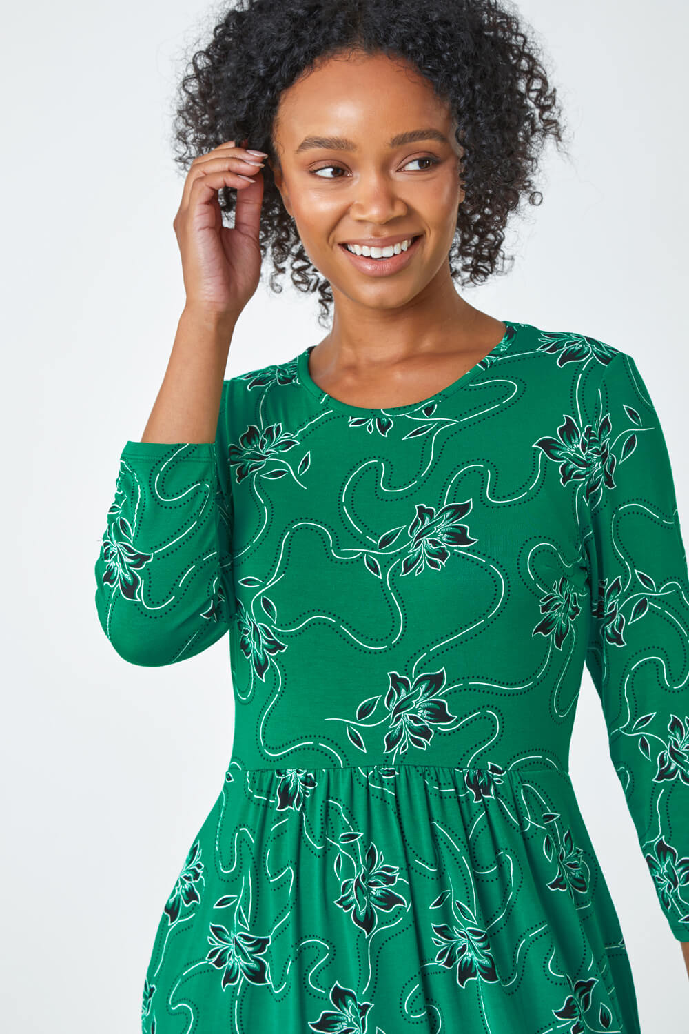 Green Petite Floral Print Stretch Midi Dress | Roman UK