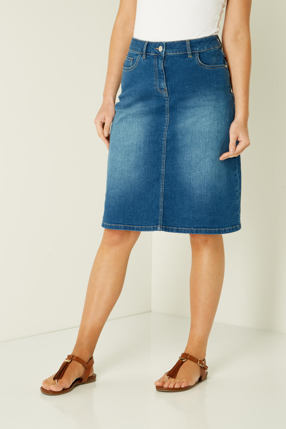 A-Line Denim Skirt in Mid Wash Blue - Roman Originals UK