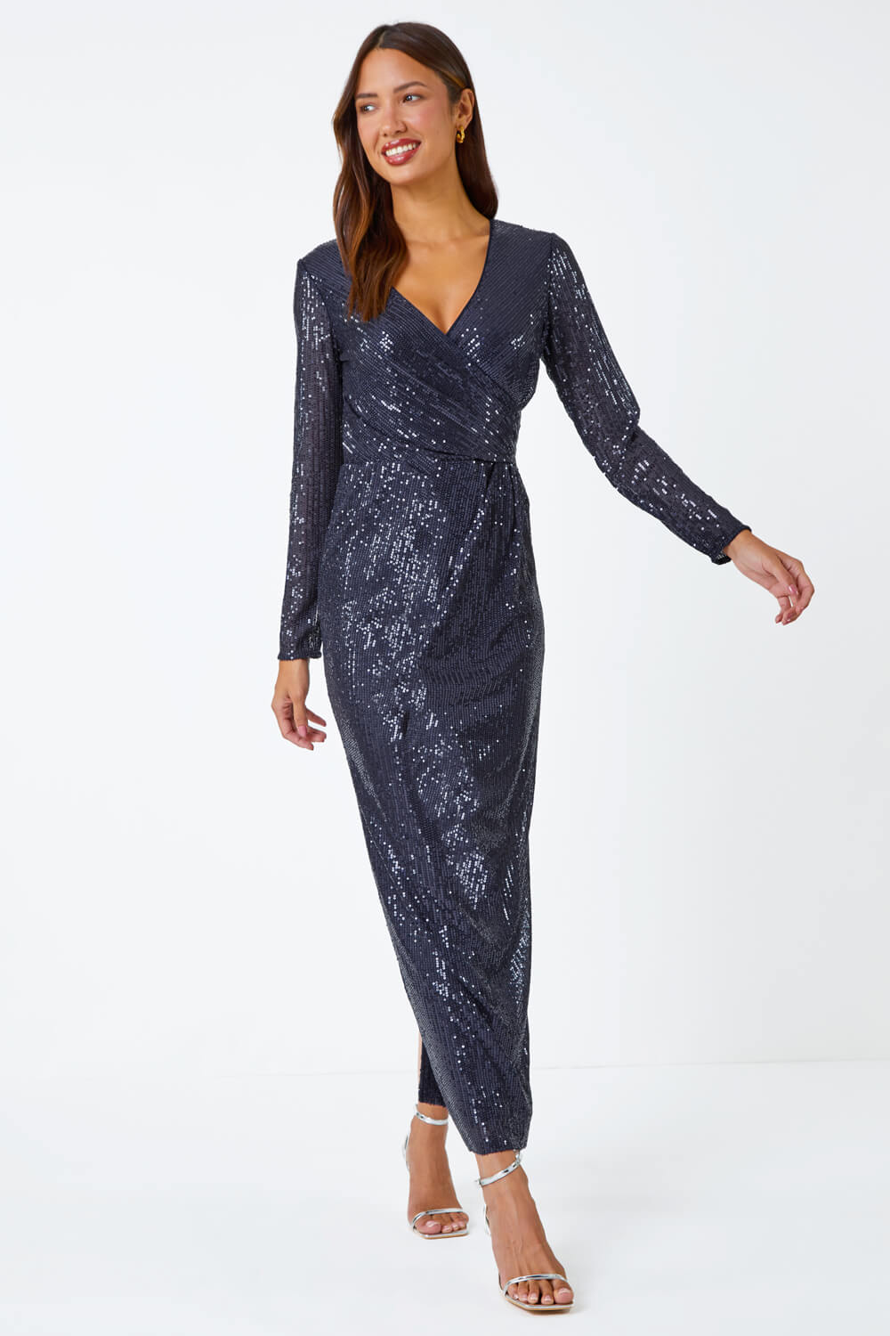 Navy  Sequin Wrap Stretch Maxi Dress, Image 2 of 5
