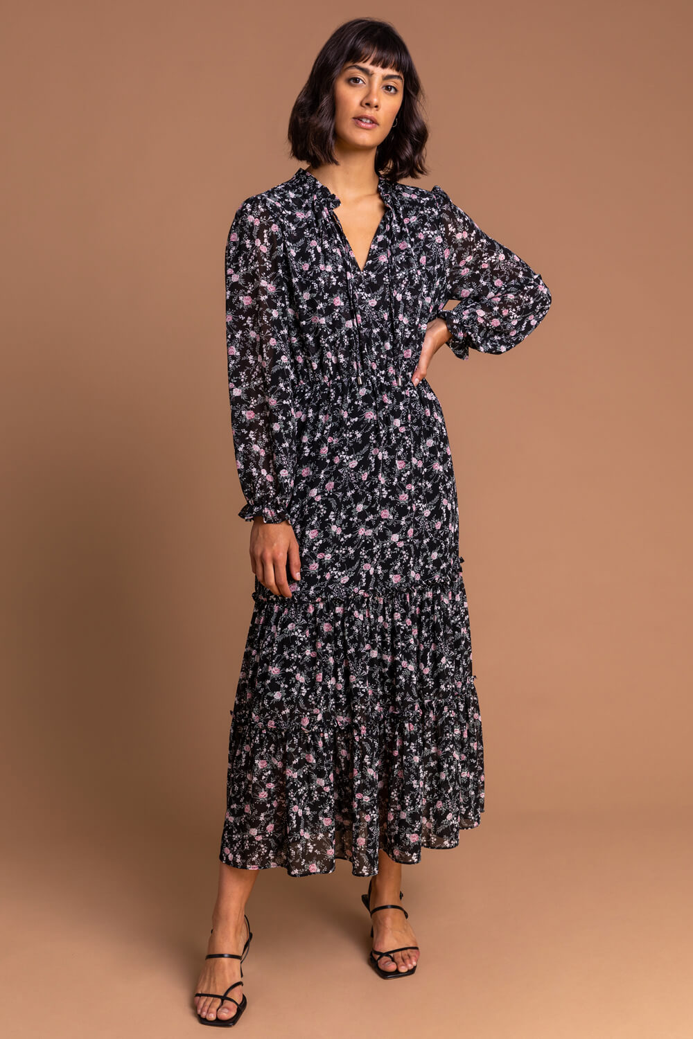 Black Ditsy Floral Tiered Midi Dress, Image 3 of 6