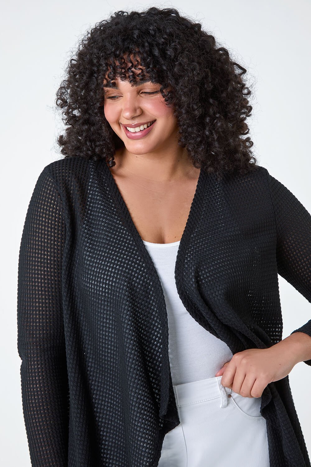Black Curve Textured Waterfall Cardigan, Image 3 of 5