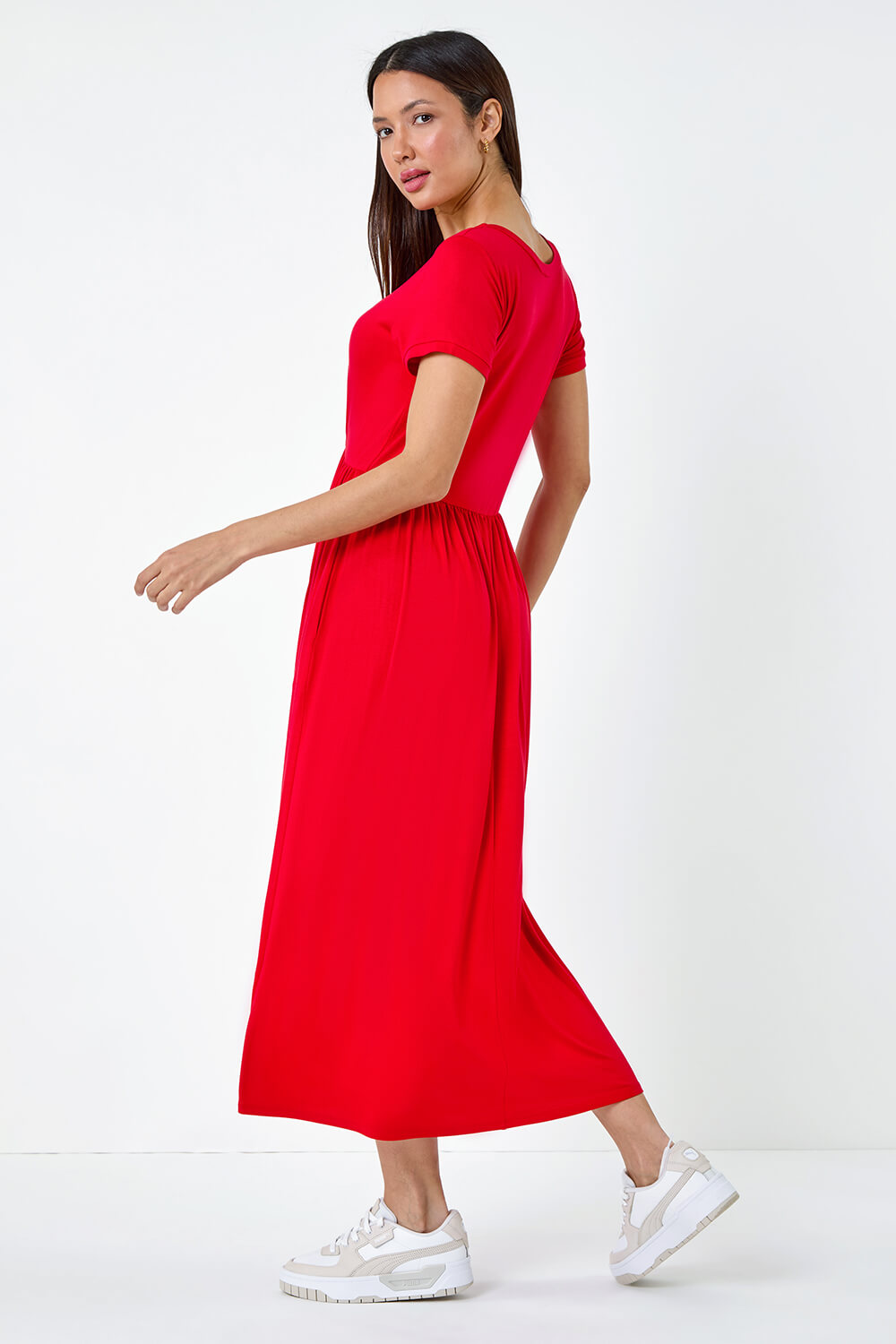 Red Stretch Gathered Pocket T-Shirt Dress, Image 3 of 5