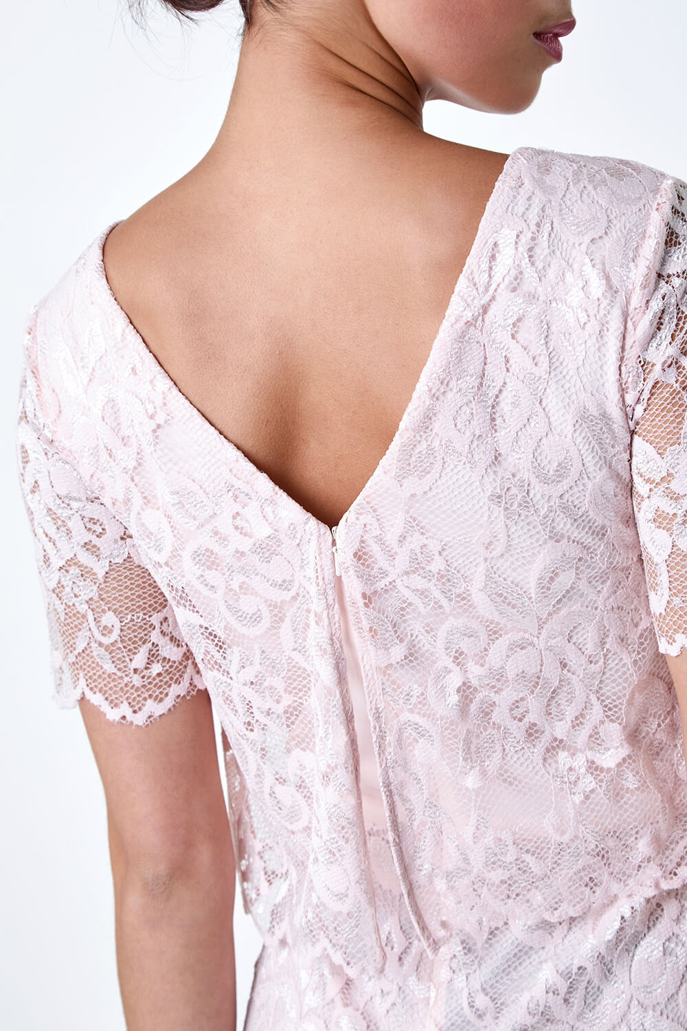 Light Pink Petite Lace Overlay Stretch Dress, Image 5 of 5