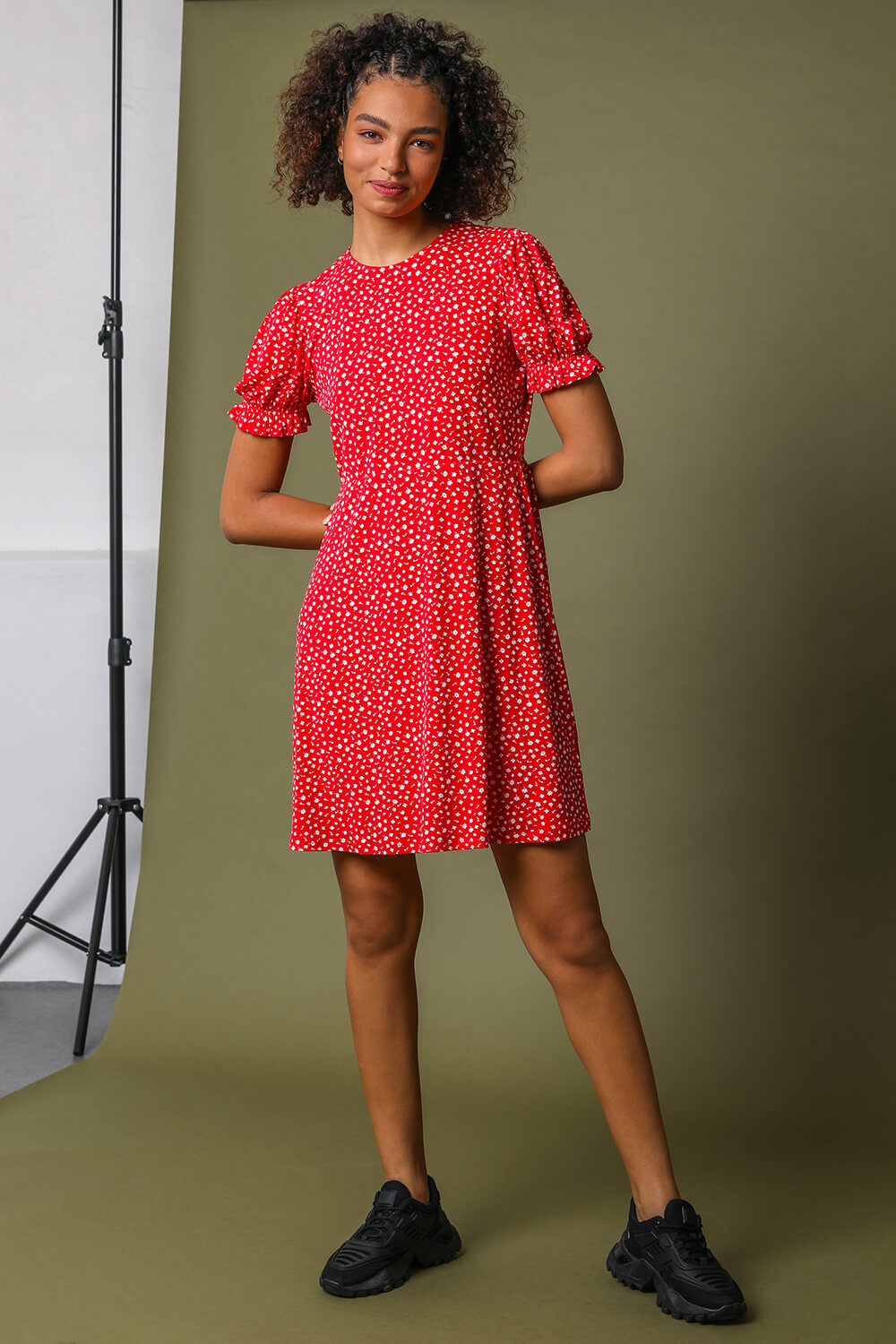 Red Ditsy Floral Print Tea Dress, Image 4 of 5