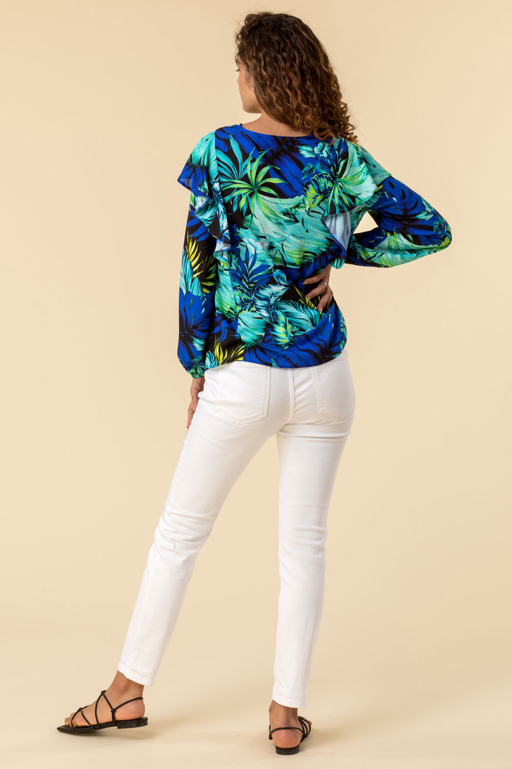 Green Palm Print Frill Sleeve Top, Image 2 of 5