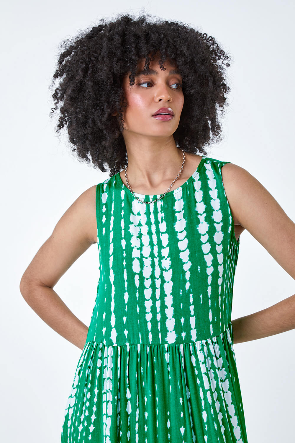 Green Tie Dye Print Sleeveless Smock Dress, Image 4 of 5