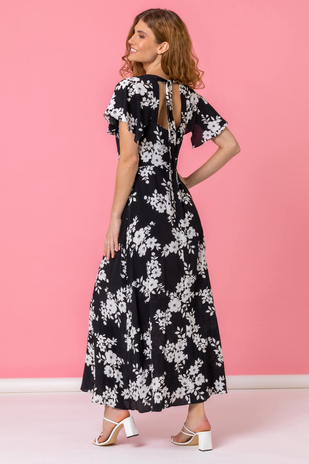 Black Floral Print Back Detail Maxi Dress, Image 2 of 5