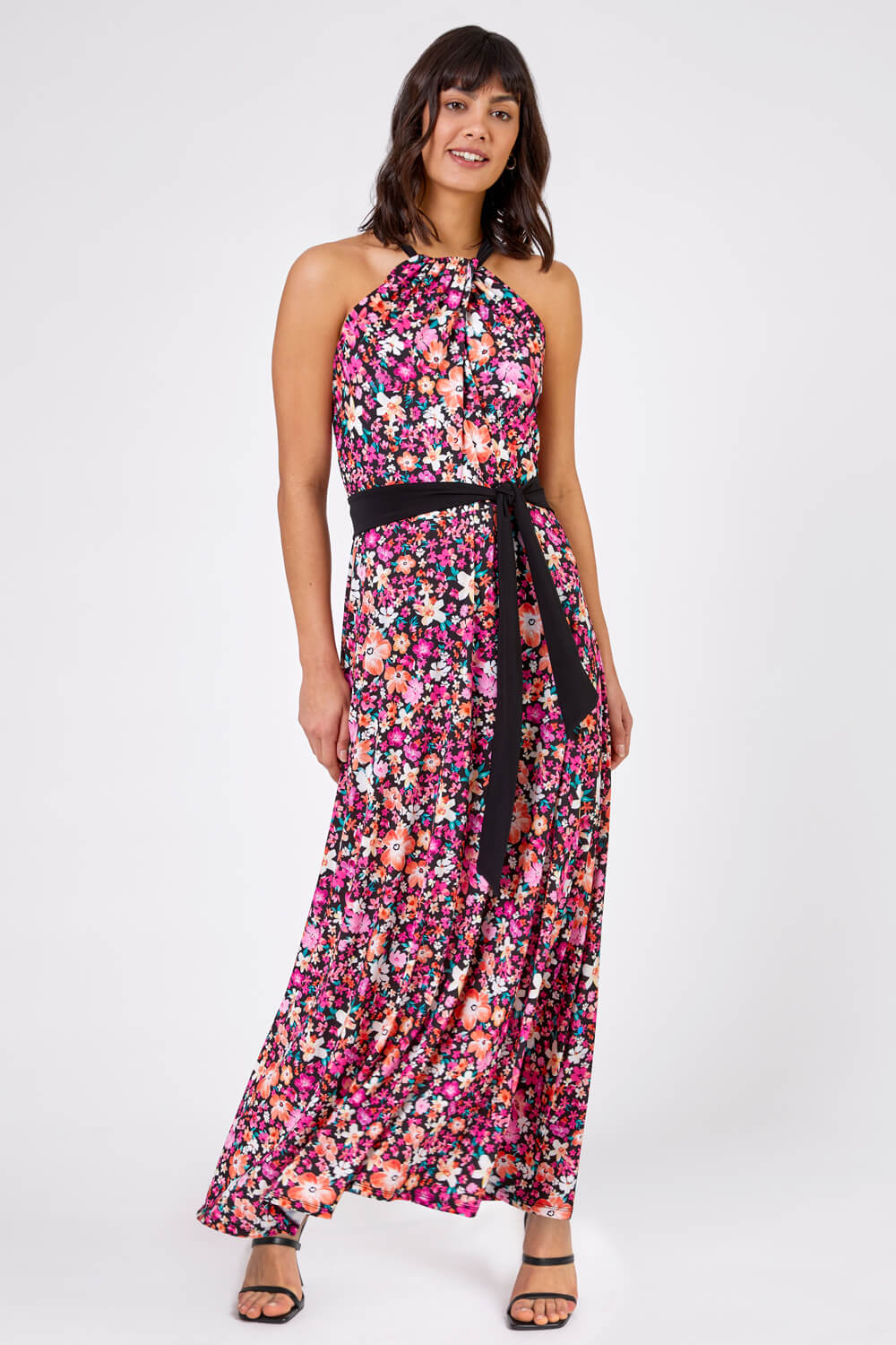 Ditsy Floral Halter Neck Maxi Dress in Pink - Roman Originals UK