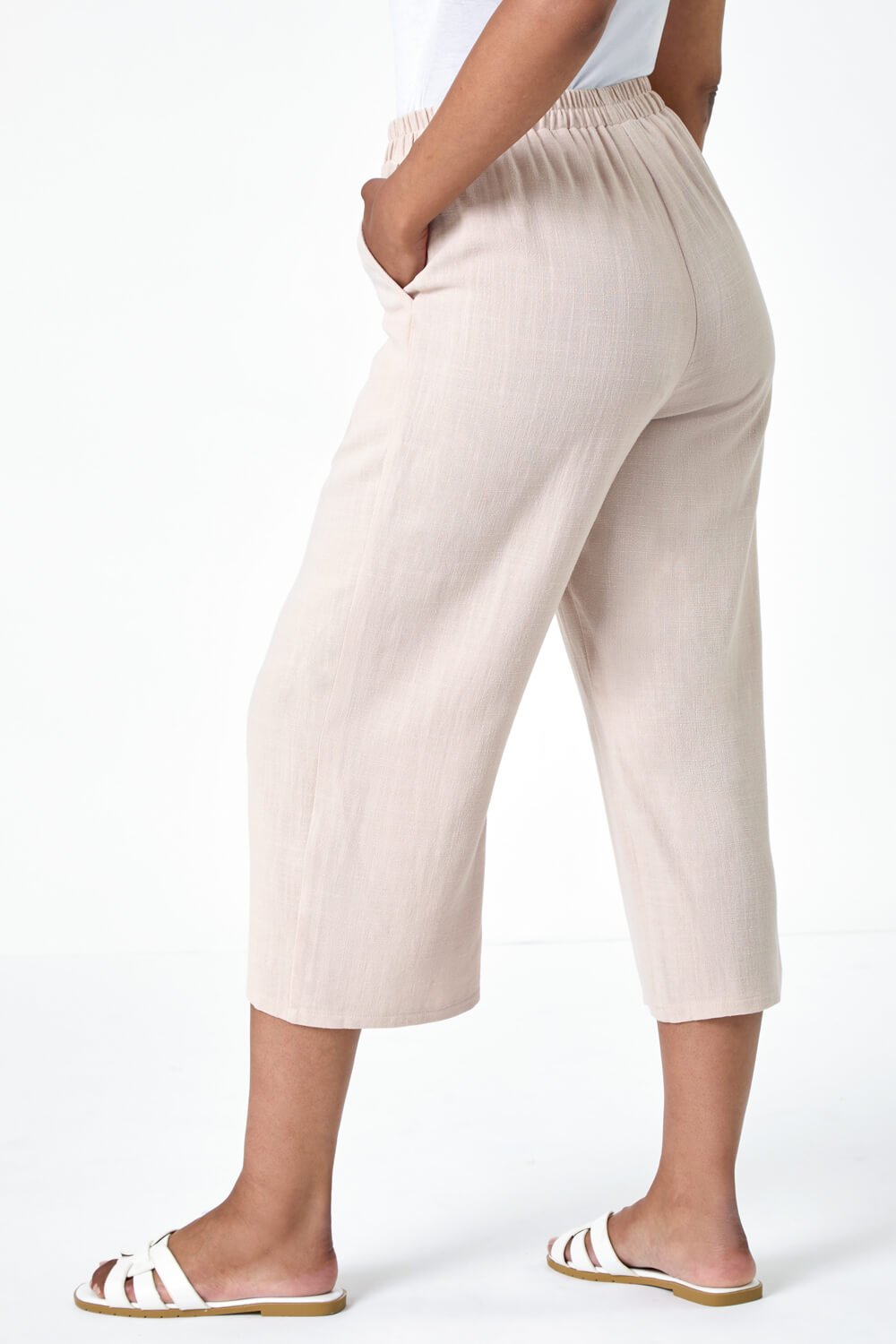 Stone Petite Linen Mix Wide Cropped Trousers, Image 3 of 5