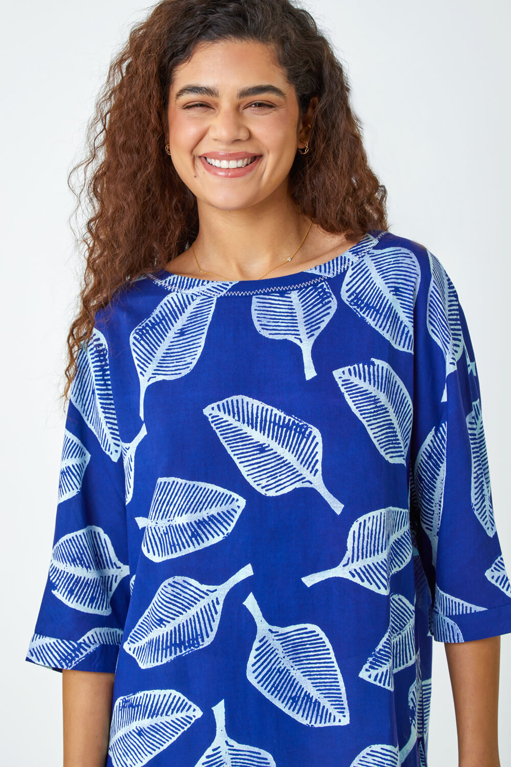 Blue Leaf Print Relaxed Tunic Top, Image 4 of 5