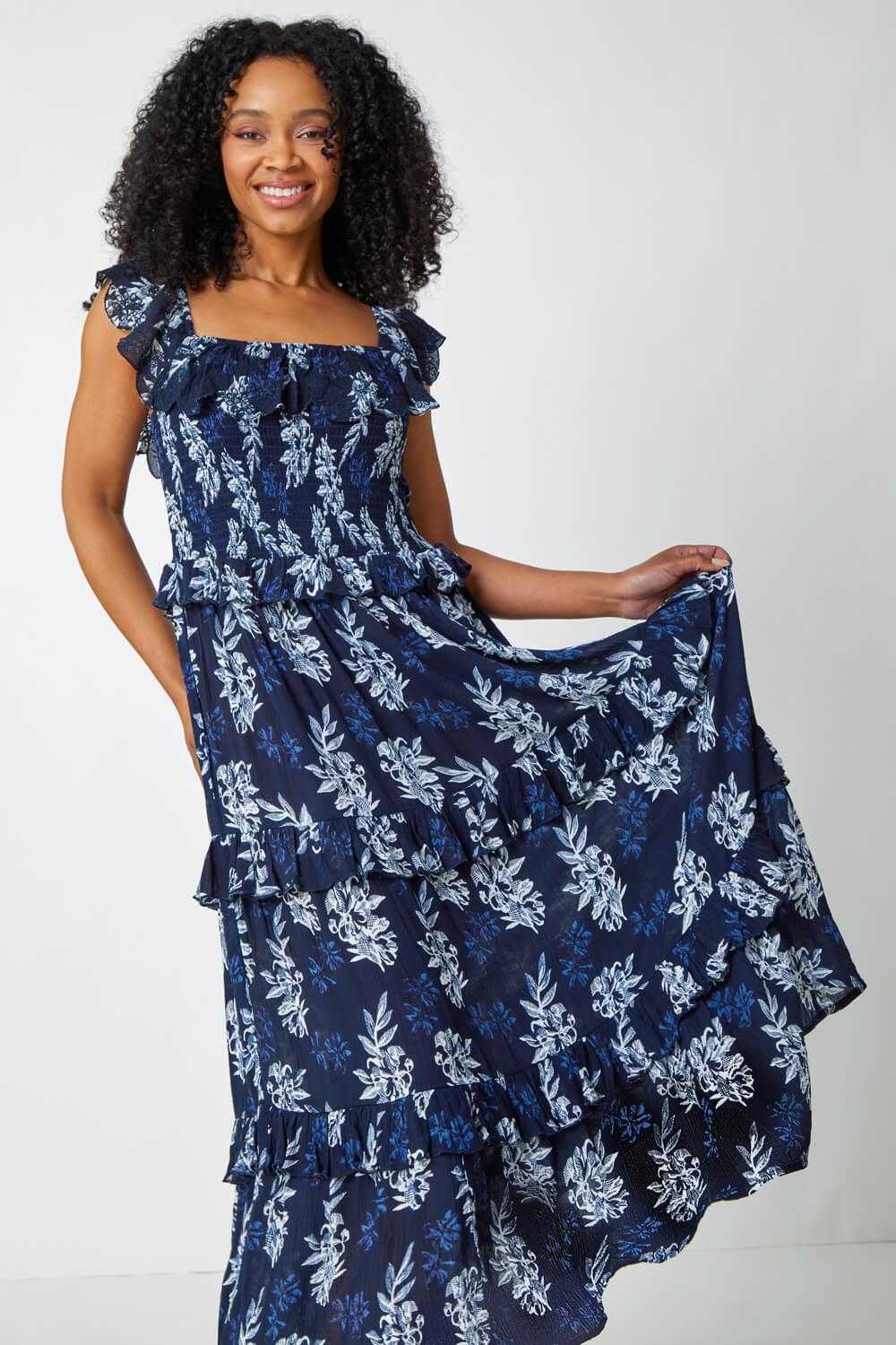 Navy  Petite Floral Print Tiered Maxi Dress, Image 4 of 5