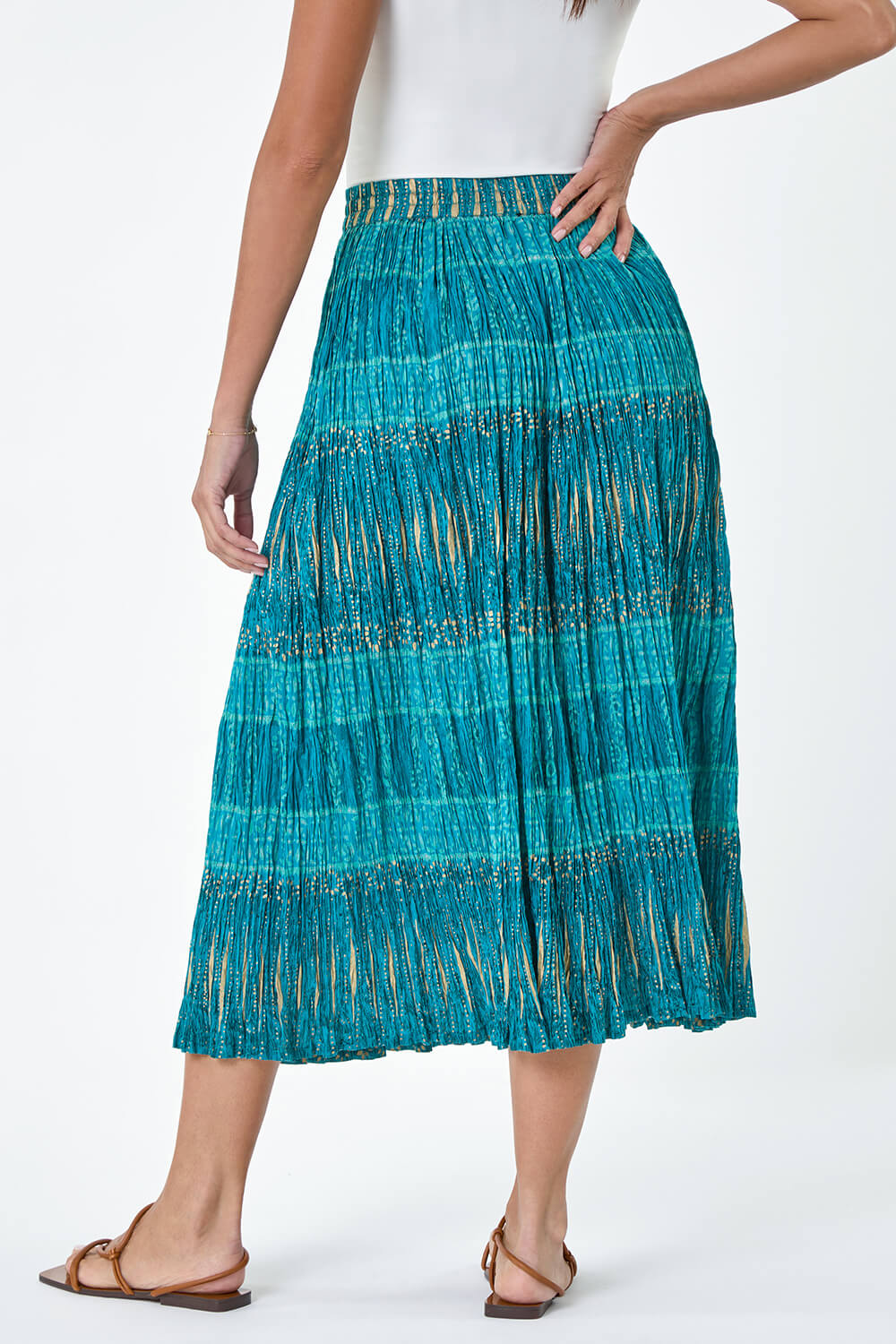 Aqua Crinkle Cotton Metallic Foil Midi Skirt, Image 3 of 5