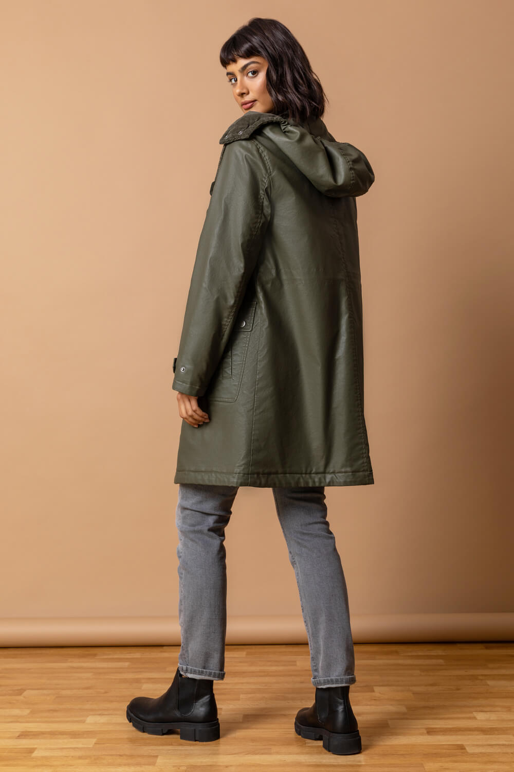 KHAKI Waxed Longline Hooded Coat, Image 2 of 5