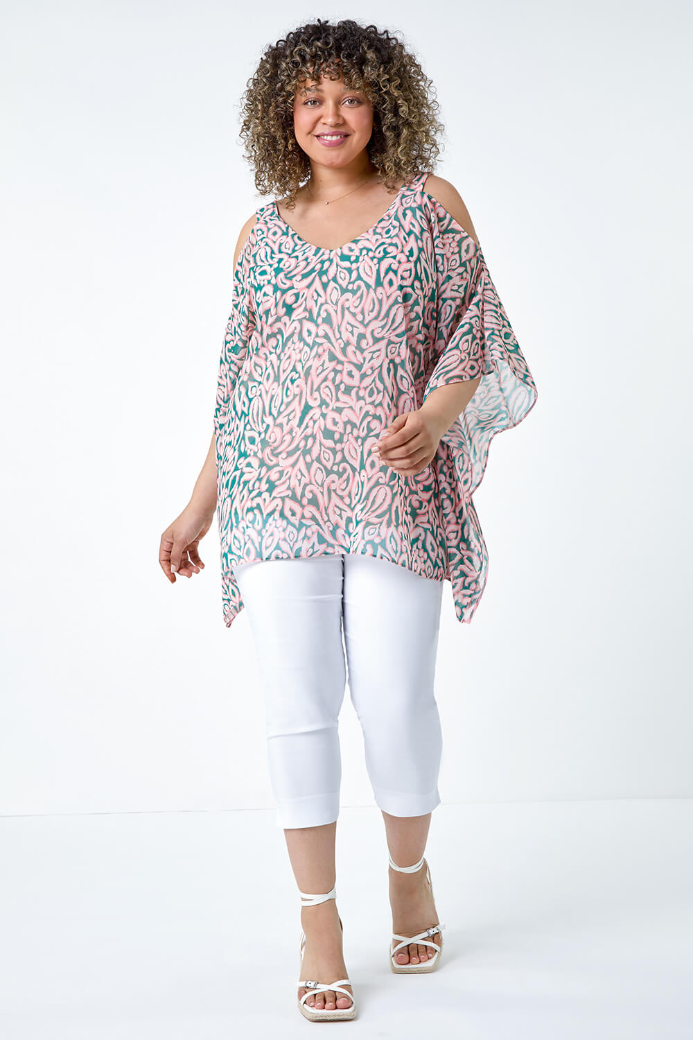 Light Pink Curve Printed Chiffon Cold Shoulder Top, Image 2 of 5