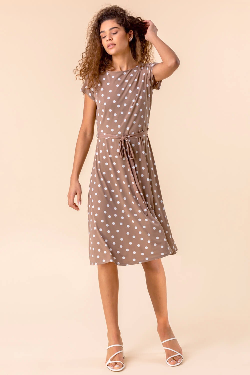 Taupe Spot Print Jersey Stretch Dress, Image 3 of 4