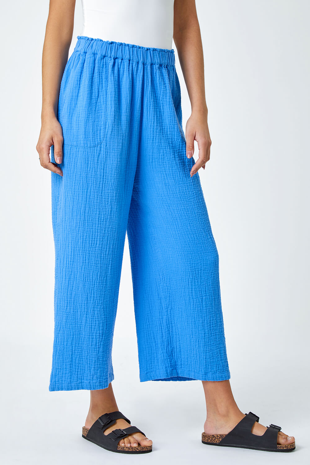 Blue Textured Cotton Culotte Trousers, Image 4 of 5