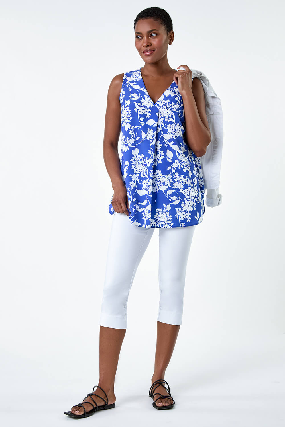 Blue Ditsy Floral Sleeveless Pleat Vest Top, Image 2 of 5