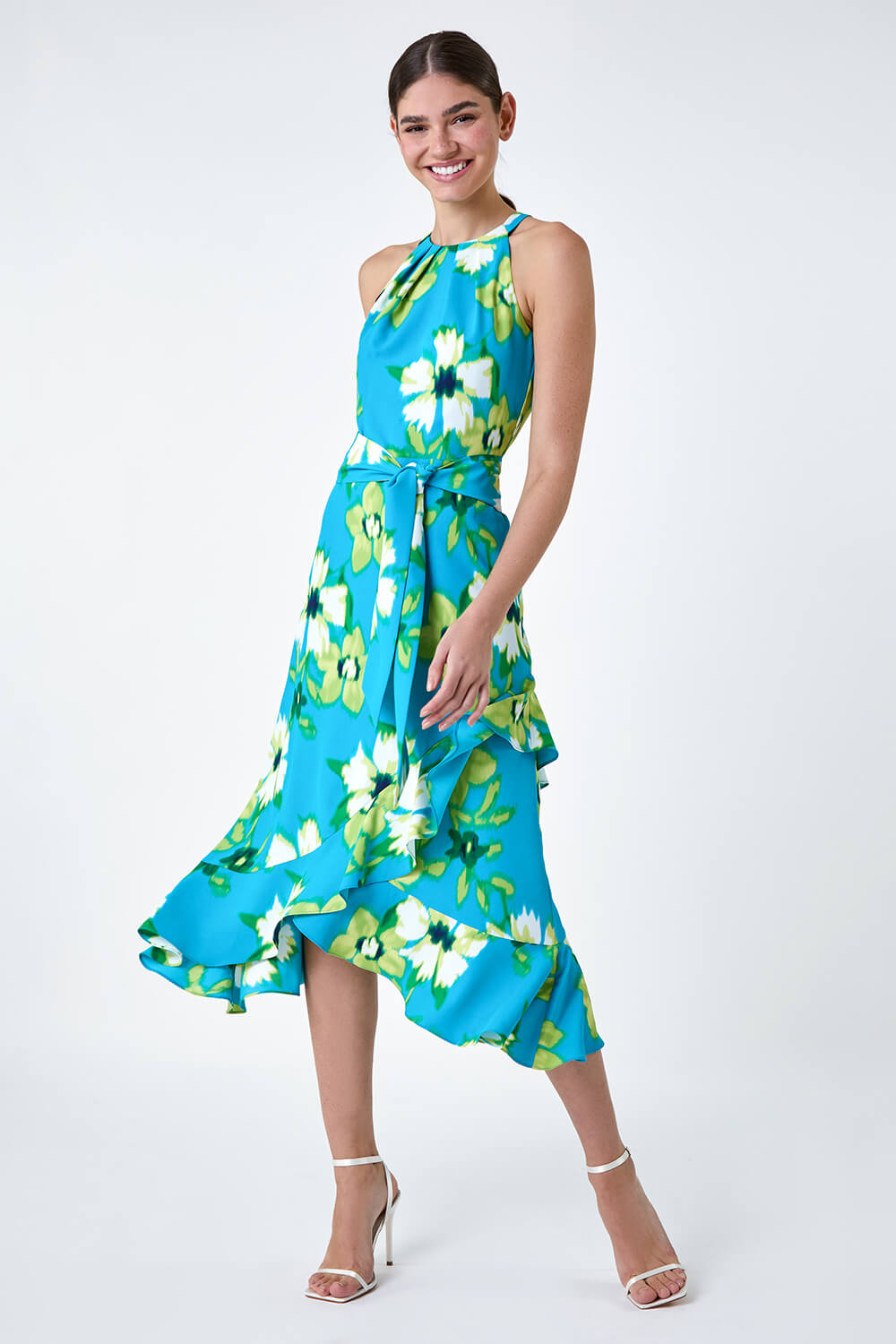 Turquoise Floral Print Chiffon Halterneck Midi Dress, Image 2 of 5