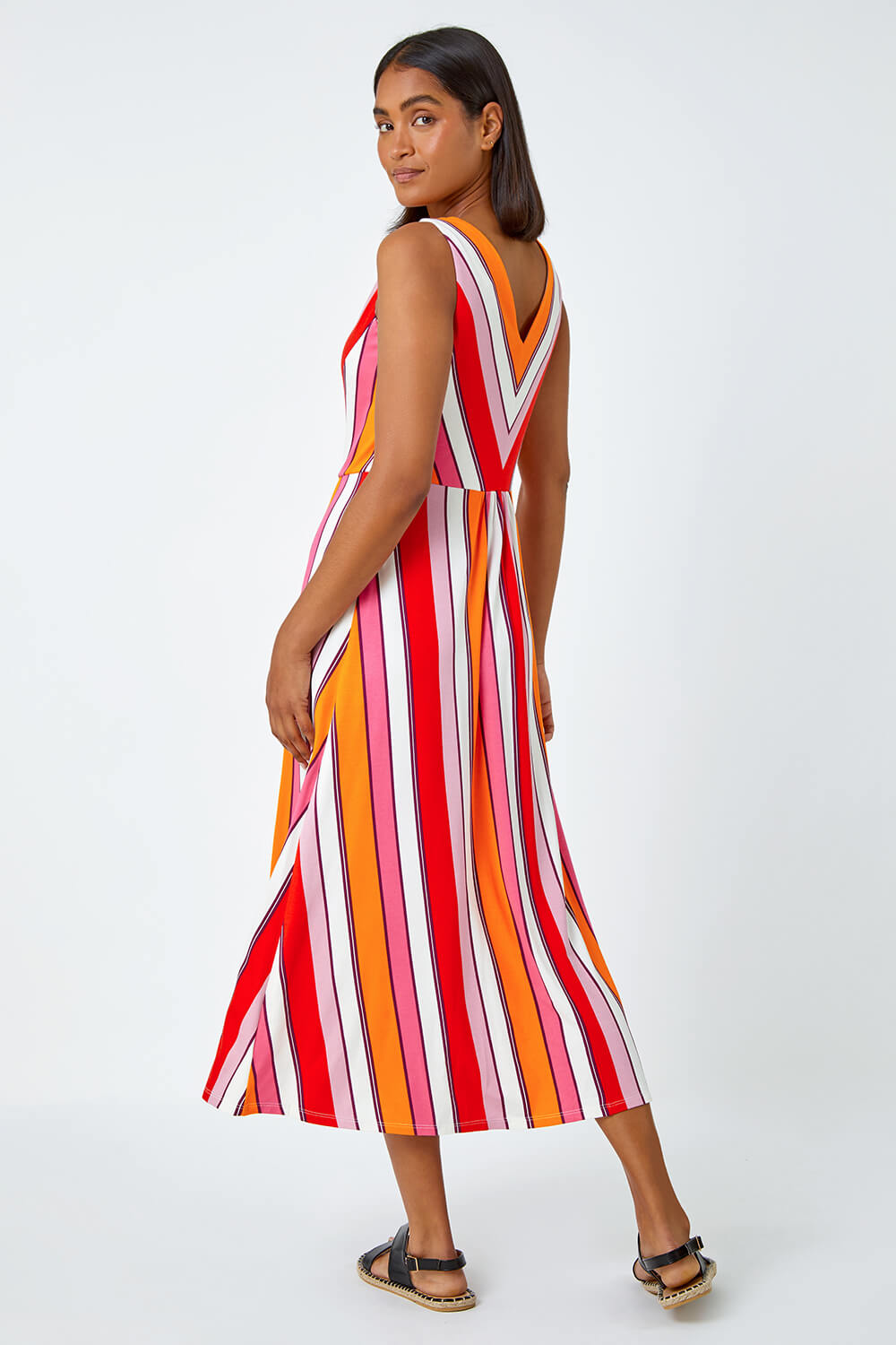 Red Sleeveless Stripe Print Midi Stretch Dress, Image 3 of 5