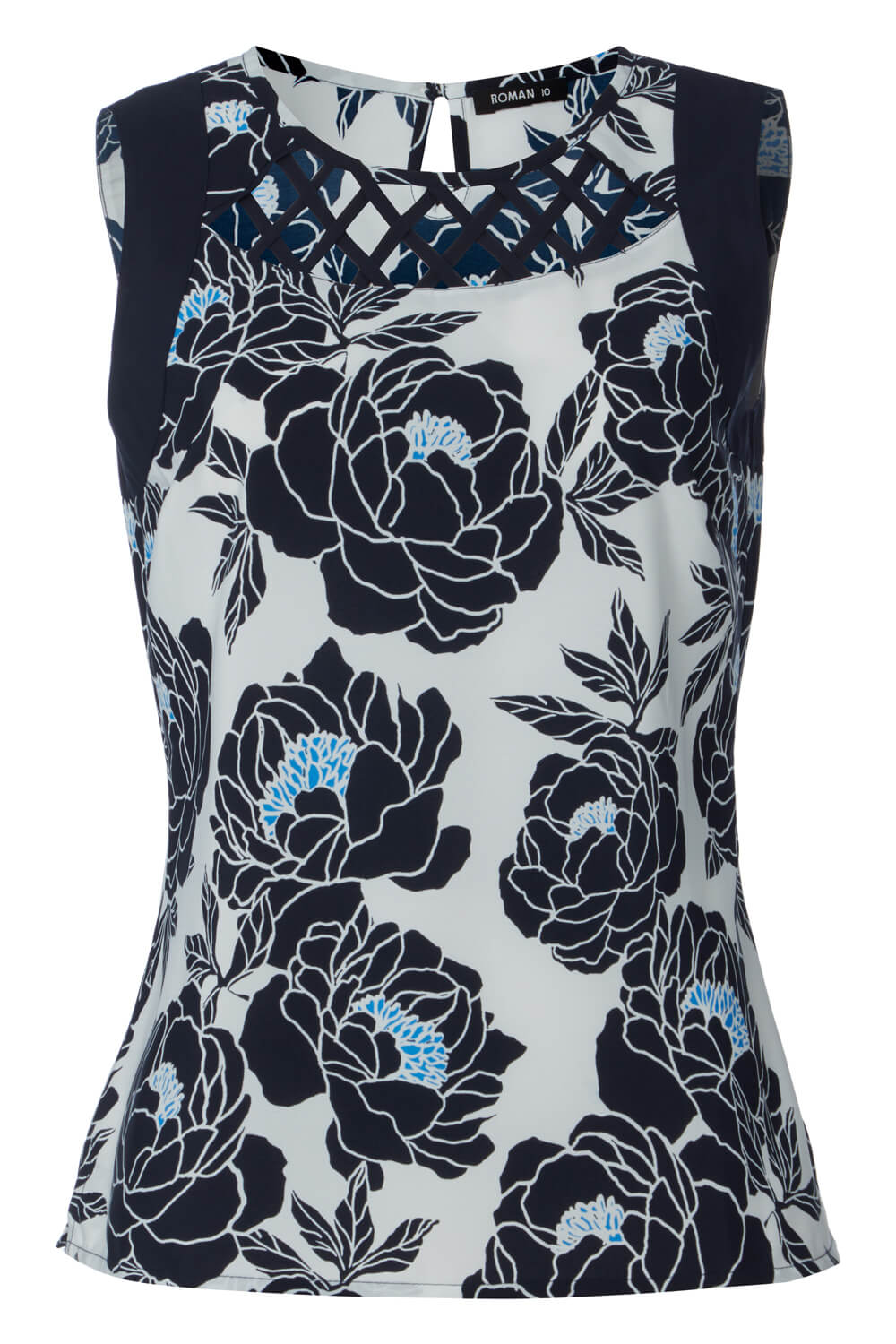 Navy  Sleeveless Neck Detail Floral Top, Image 4 of 4