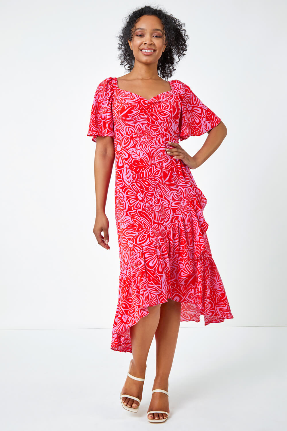 PINK Petite Floral Print Ruched Midi Dress , Image 4 of 5
