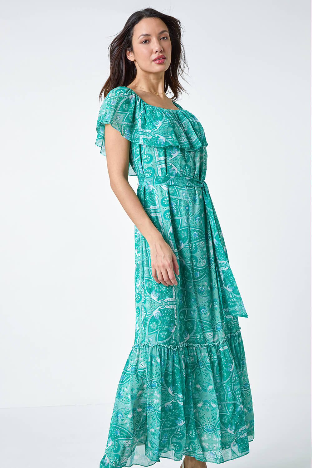 Teal Paisley Print Tiered Maxi Dress, Image 4 of 5