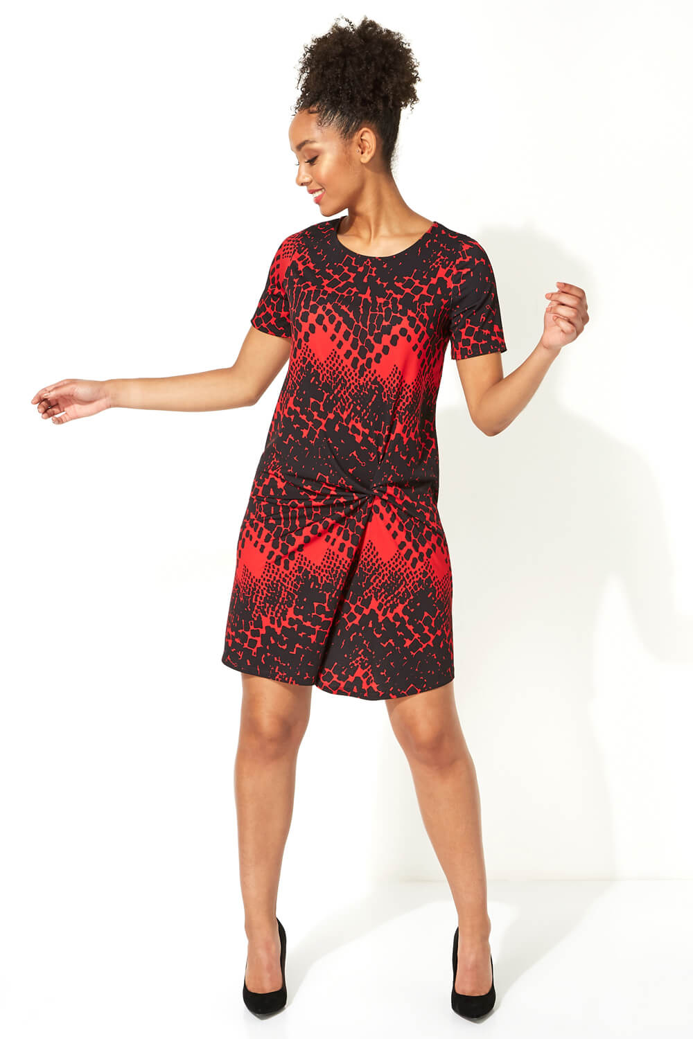 Red Abstract Print Side Twist Shift Dress, Image 2 of 5