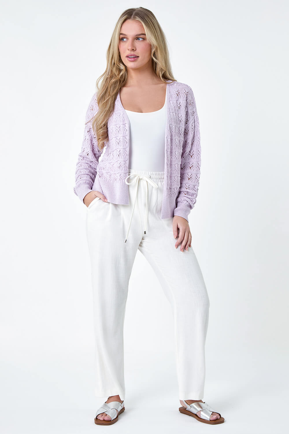 Lilac Petite Shimmer Crochet Knit Cardigan, Image 5 of 5