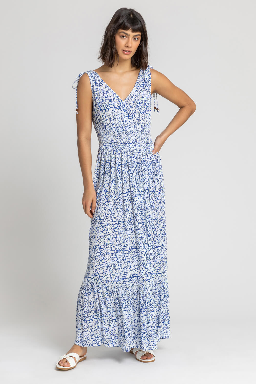 Blue Ditsy Floral Shirred Waist Maxi Dress, Image 3 of 5