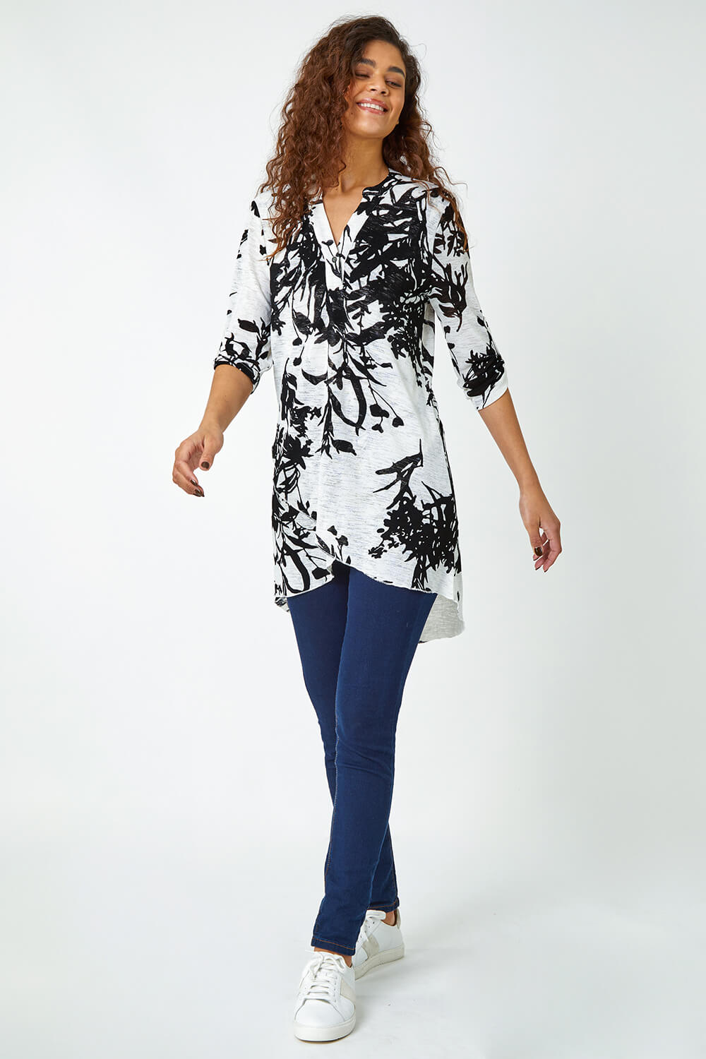 Ivory  Floral Print Longline Stretch Top, Image 2 of 5