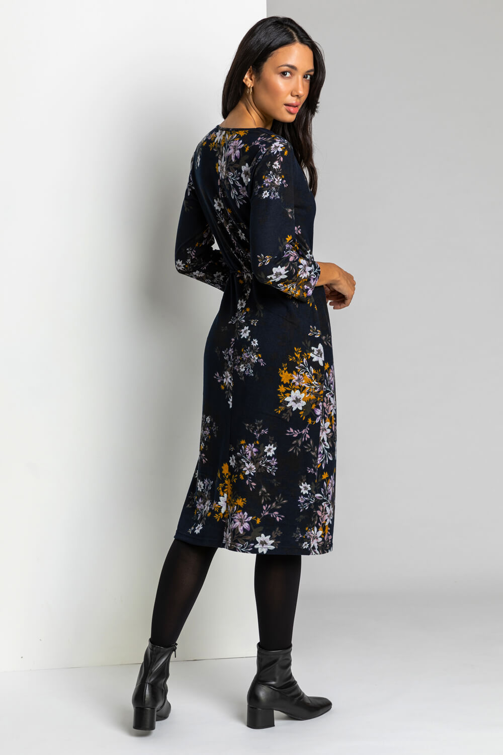 Navy  Floral Knitted Cowl Neck Dress, Image 3 of 5