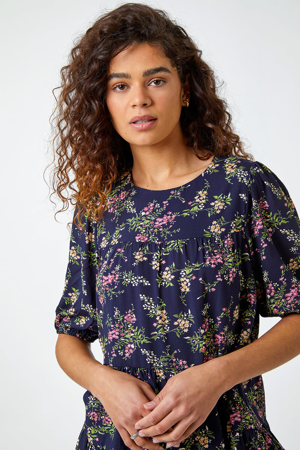 Navy  Ditsy Floral Print Puff Sleeve Top, Image 4 of 5