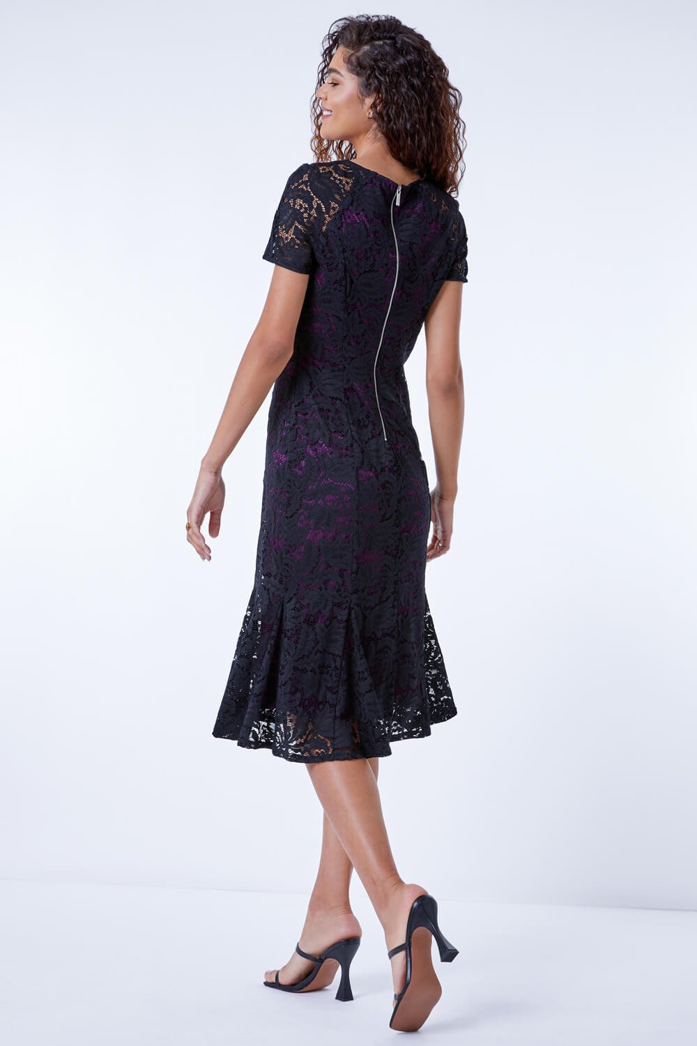 Purple Flute Hem Lace Midi Dress, Image 2 of 5