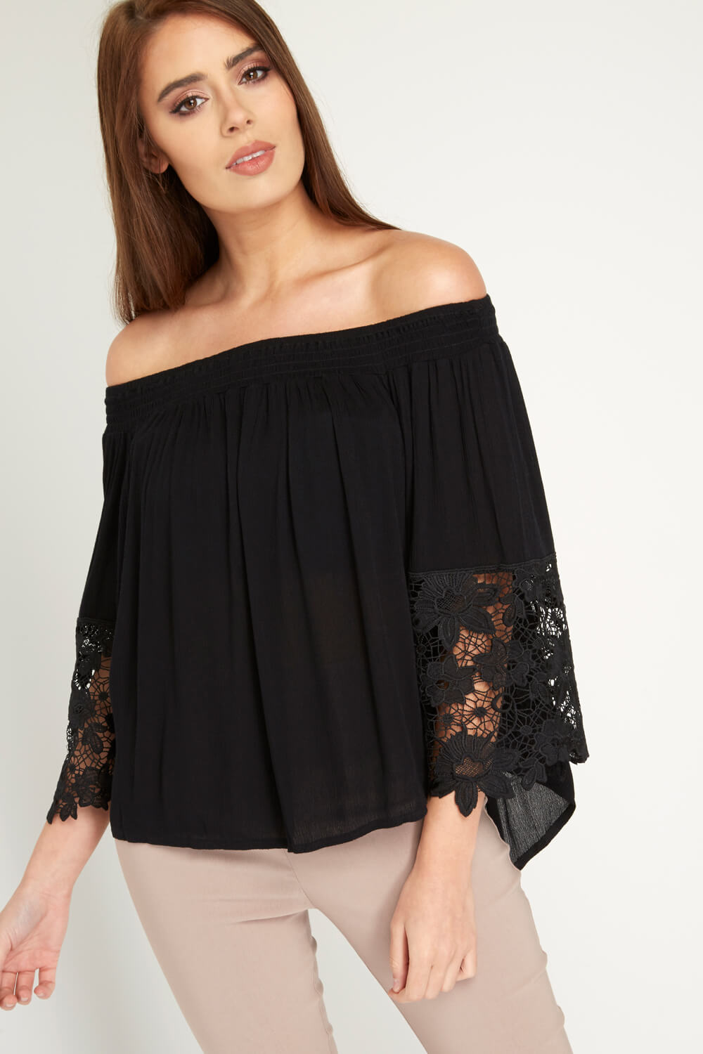 Lace Frill Sleeves Bardot in Black - Roman Originals UK