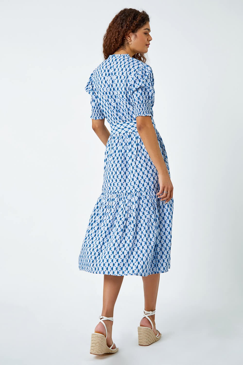 Blue Geometric Tiered Belted Midi Dress, Image 3 of 5