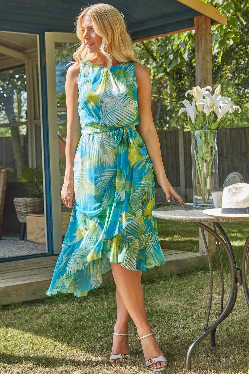 Light Blue  Tropical Print Asymmetric Midi Dress, Image 3 of 3