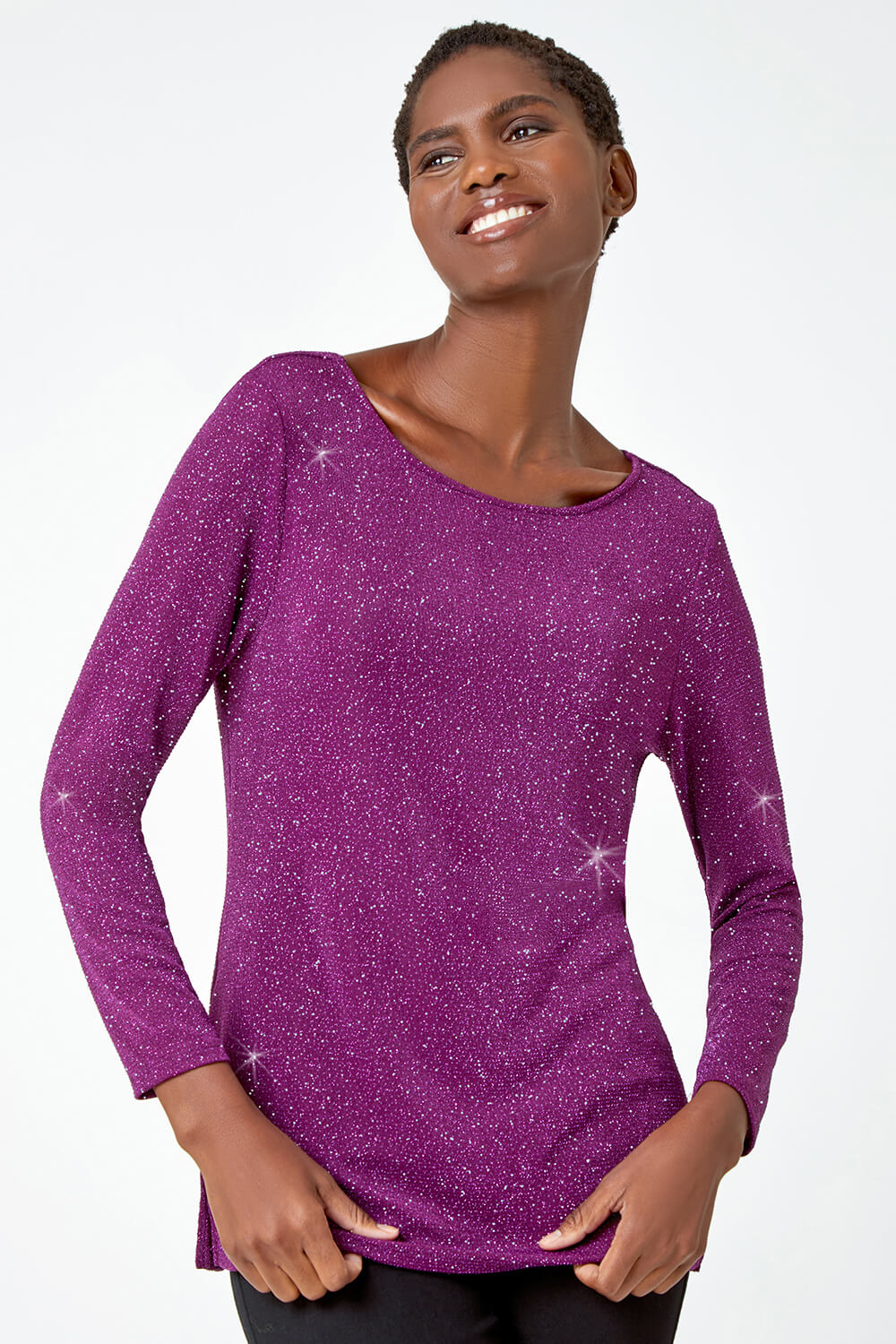Purple Sparkle Cowl Back Detail Stretch Top, Image 4 of 5