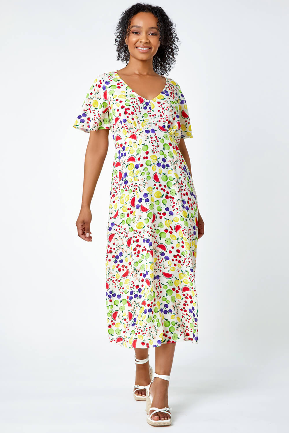 Ivory Petite Fruit Print Midi Tea Dress | Roman UK