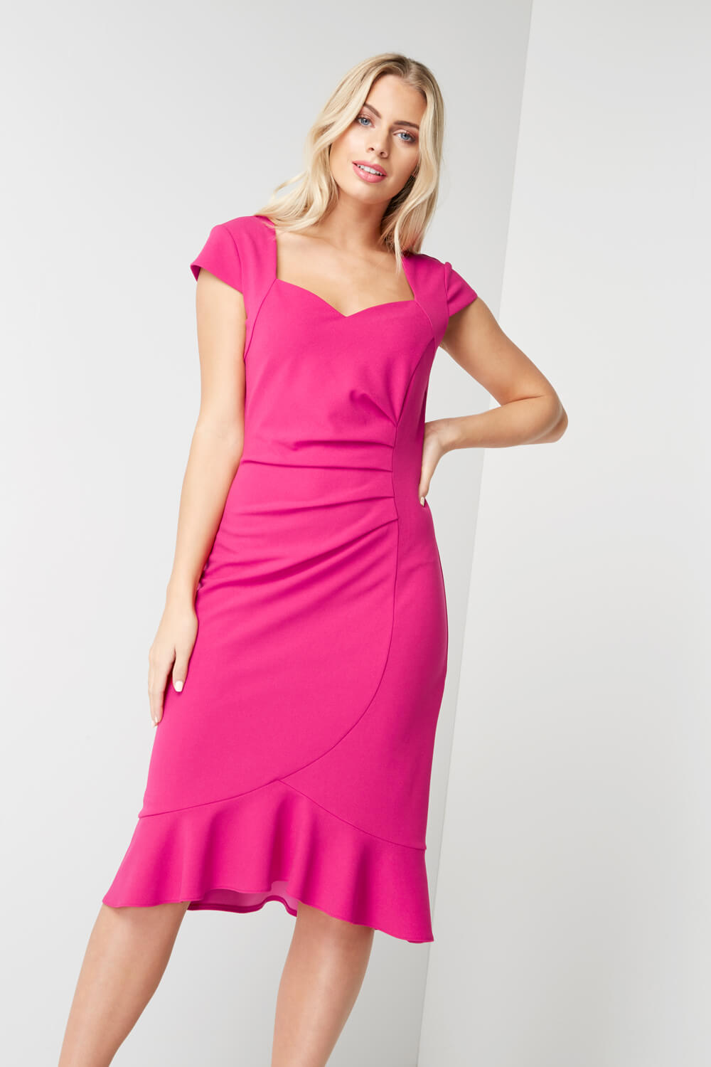 Frill Hem Scuba Dress in Fuchsia Roman Originals UK