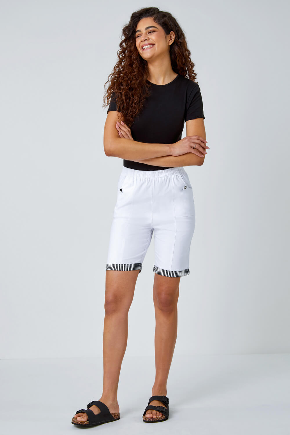 White Contrast Detail Stretch Shorts, Image 2 of 5